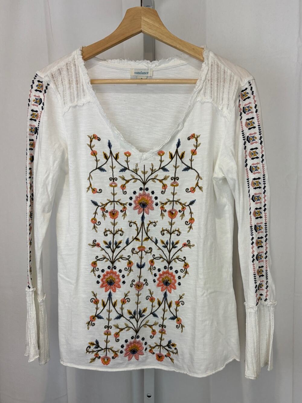 SUNDANCE Embroidered Floral Long Sleeve Top V Neck Cotton White Multicolor S